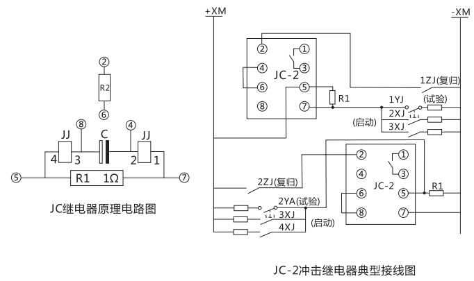JC-2沖擊繼電器內(nèi)部接線及外引接線圖 JC-2沖擊繼電器內(nèi)部接線及外引接線圖