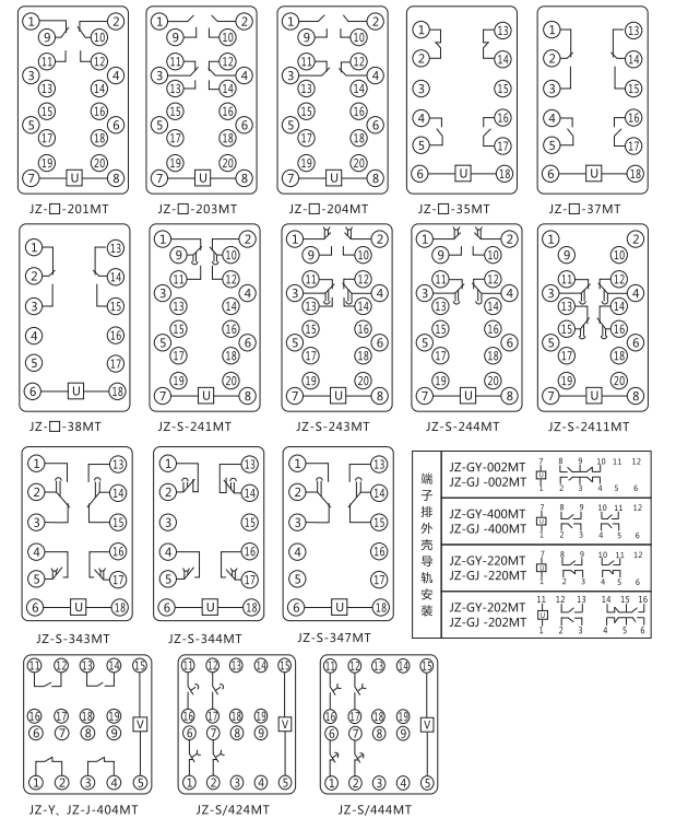 JZ-Y(J)-404MT跳位、合位、電源監(jiān)視中間繼電器內(nèi)部接線圖 JZ-Y(J)-404MT跳位、合位、電源監(jiān)視中間繼電器內(nèi)部接線圖