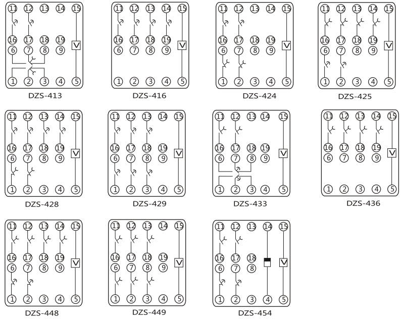DZY(J)-404中間繼電器內部端子外引接線圖(正視) DZY(J)-404中間繼電器內部端子外引接線圖(正視)