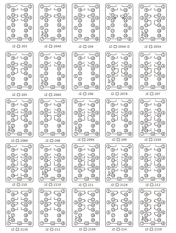 JZY(J)-220靜態中間繼電器內部接線圖及外引接線圖 JZY(J)-220靜態中間繼電器內部接線圖及外引接線圖