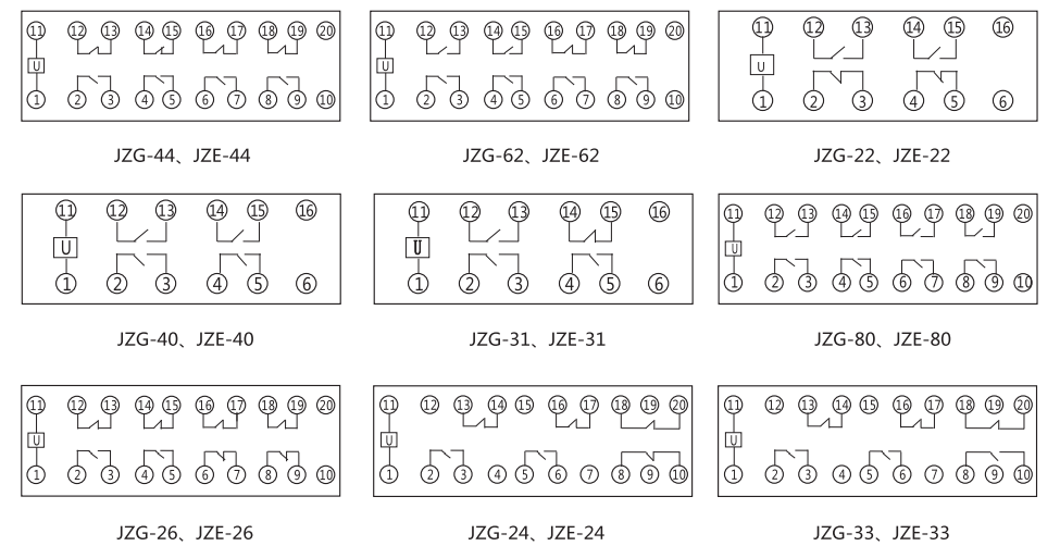 JZE-22卡軌式靜態中間繼電器內部端子外引接線圖 JZE-22卡軌式靜態中間繼電器內部端子外引接線圖